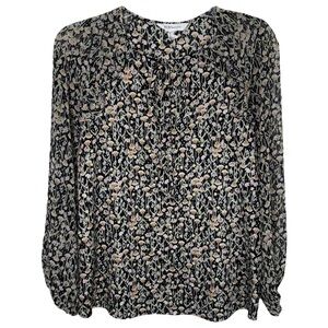 BCBGeneration Sz XXS Sheer Floral Long Sleeve Blouse Black Dandelion Tie Front